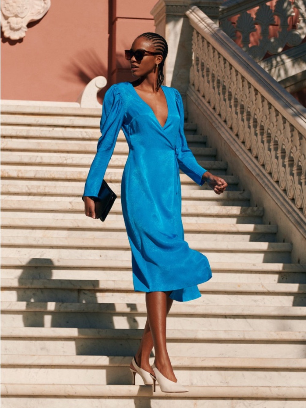 & Other Stories Dotted Jacquard Midi Wrap Dress in Blue